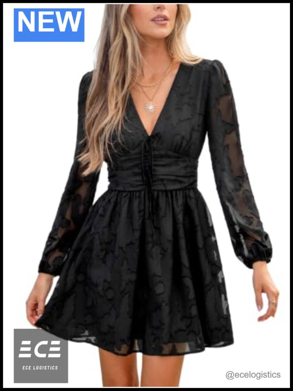 CUPSHE Mesh Floral Long Sleeve V Neck High Waist Mini Dress